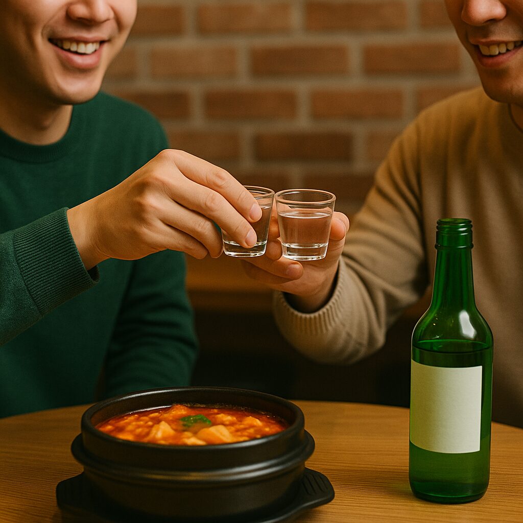 韓国の飲み屋産で韓国人男性二人がグラスを持って乾杯をしている