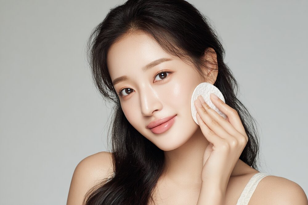 トナーで拭き取り化粧水をしている若い韓国人女性